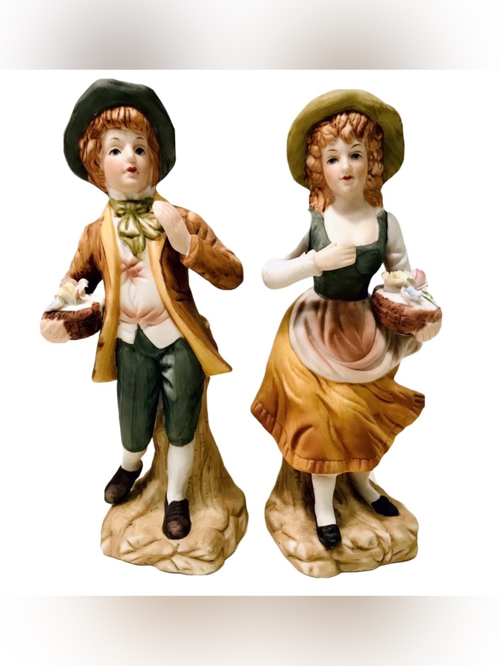 Homco Vintage Porcelain Bisque Girl & Boy With Flower Baskets 2 Figurines